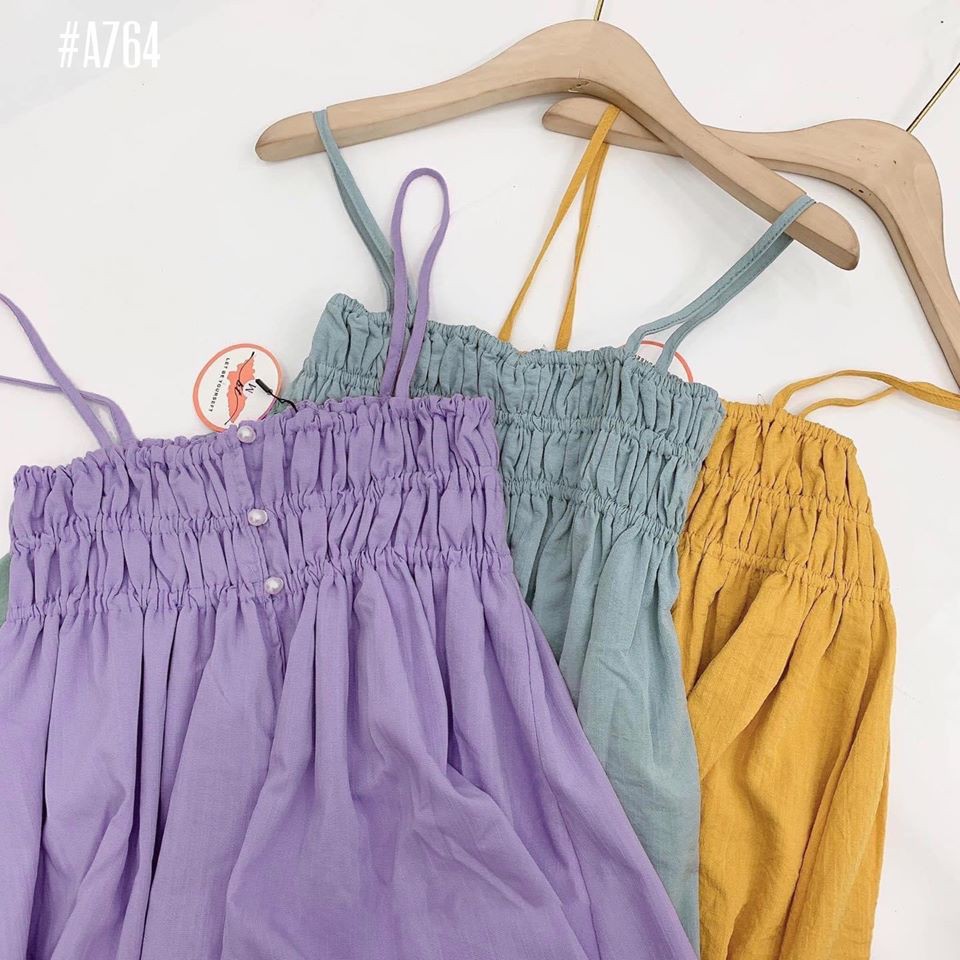 Đầm babydoll 2 dây nhún ngực nút ngọc form suông rộng có thể mặc như đầm bầu
