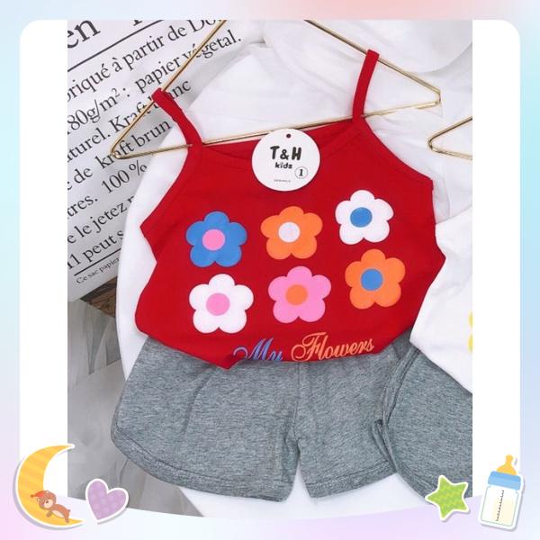 Đồ bộ cotton bé gái 2 dây hoa xinh xắn siêu xinh