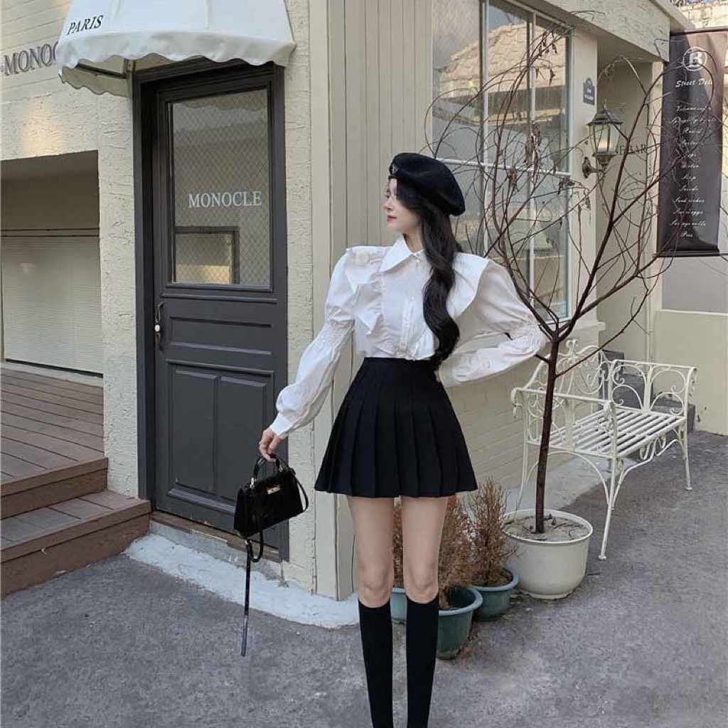 Áo Sơ mi trắng cổ bèo tiểu thư, Sơ mi nữ dài tay Quảng Châu điệu đà kiểu cổ tay phồng dễ thương