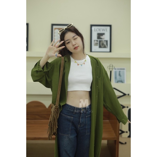 Đầm Sơ Mi Midi Tay Dài Form Rộng Dáng Dài Phong Cách Hàn Quốc Minipie