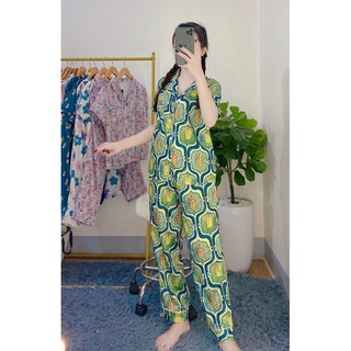 Bộ Lụa Satin Áo Cộc Quần Dài Hoạ Tiết