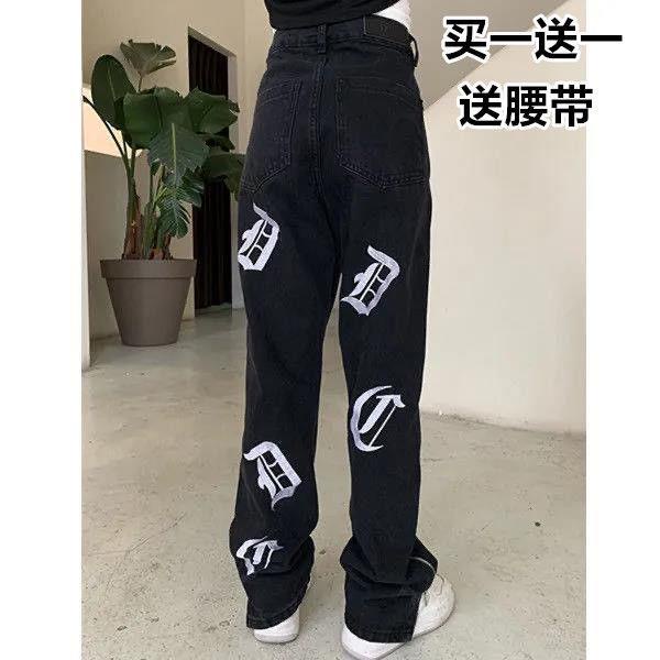 ✨Spot Ins✨Quần Jean Ống Rộng Màu Đen Thêu Chữ Phối Khóa Kéo Phong Cách Đường Phố Âu Mỹ Thời Trang Cho Nam Và Nữ