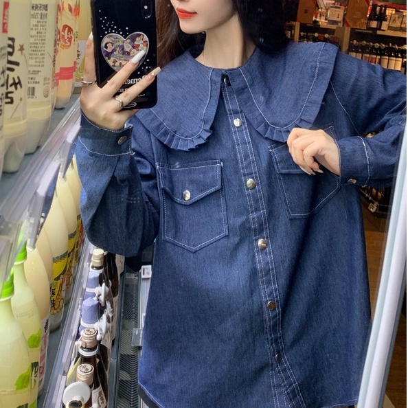 Áo sơ mi ZHELIHANGFEI vải denim tay dài dáng rộng theo phong cách retro dễ phối đồ