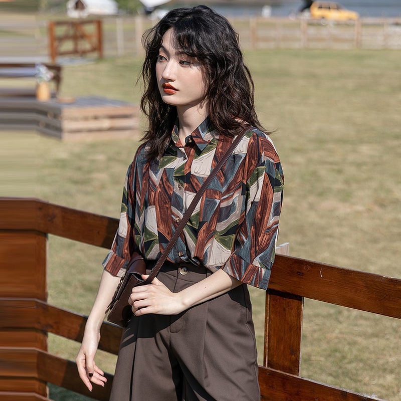 Áo Sơ Mi Tay Ngắn Dáng Rộng In Họa Tiết Thắt Cà Vạt Phong Cách Hàn Quốc Thời Trang Mùa Hè Mới Cho Nữ