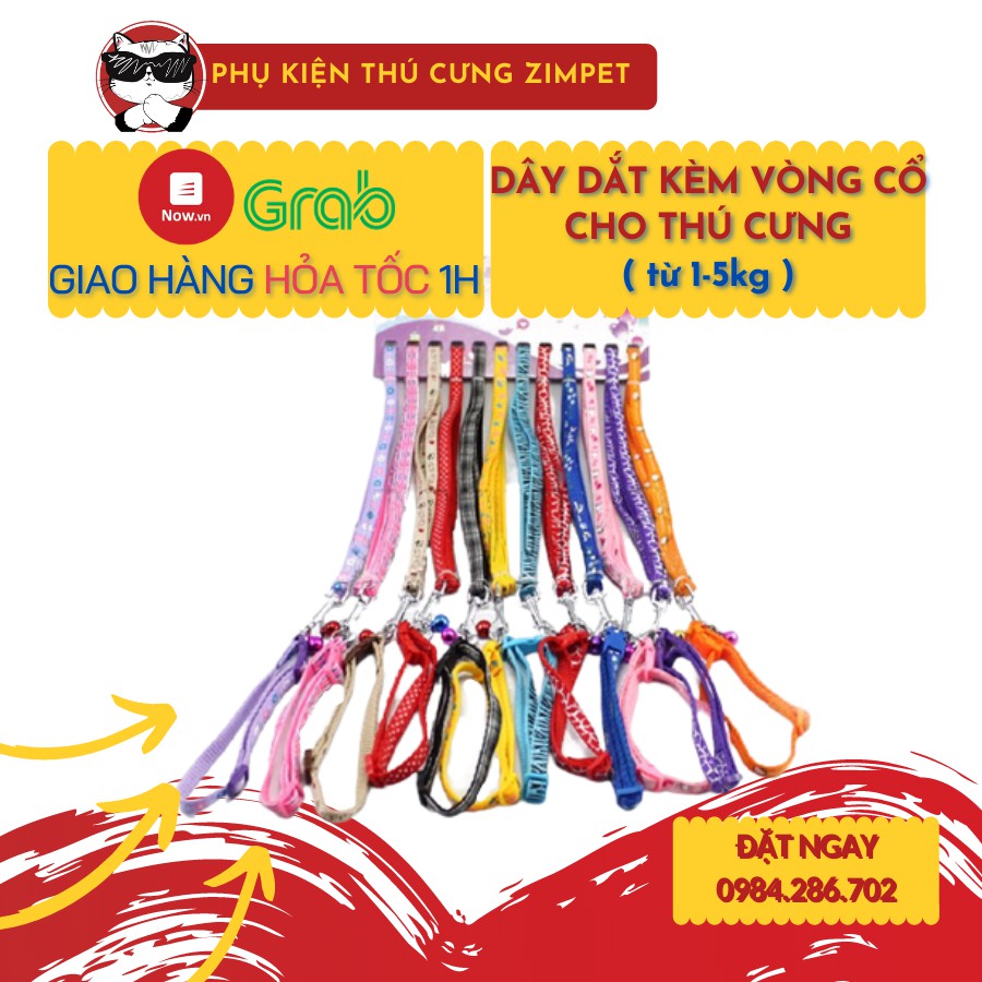 Dây dắt cho chó mèo - Dây dắt vải kèm vòng cổ và chuông cho chó mèo từ 1-5kg - Dây dắt yếm