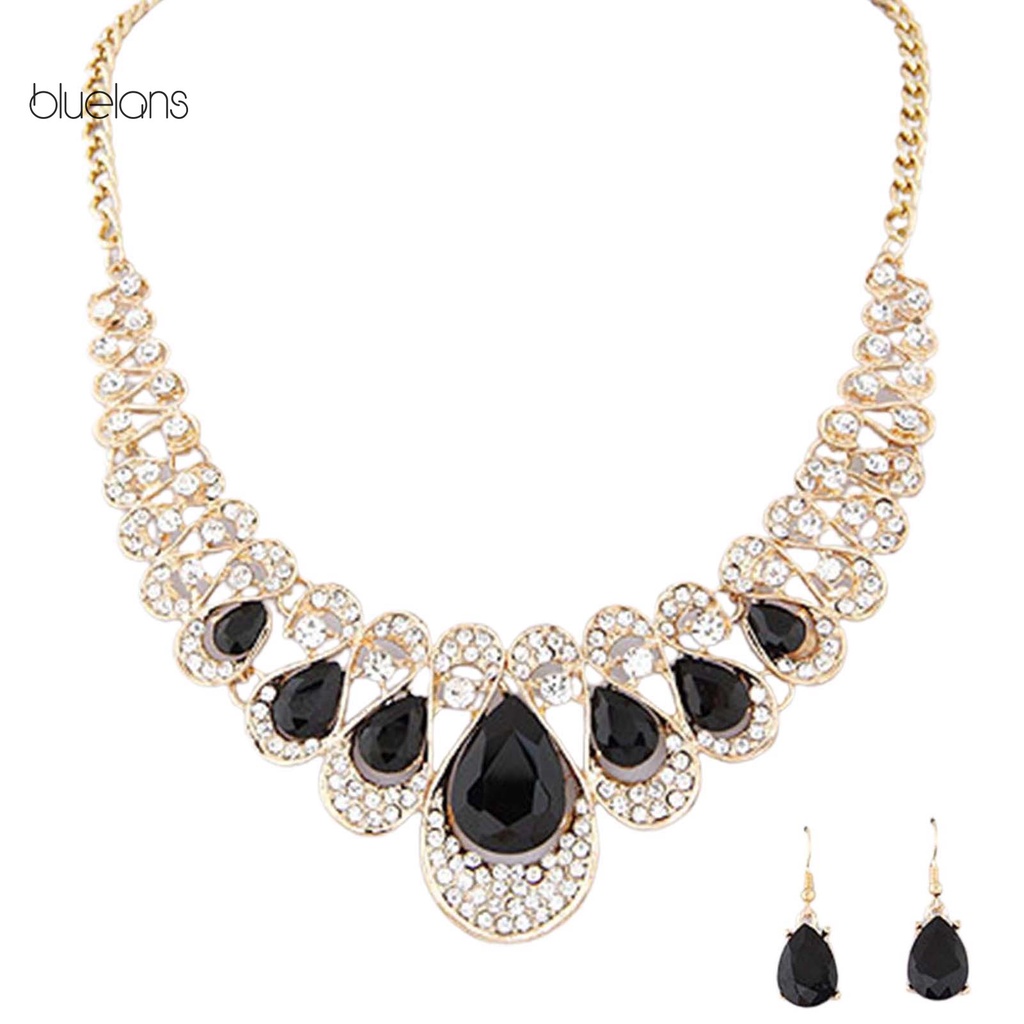 Bộ Trang Sức Dây Chuyền + Bông Tai Hình Giọt Nước Bằng Hợp Kim Đính Đá Nhân Tạo Màu Sắc Tươi Sáng Thời Trang Cho