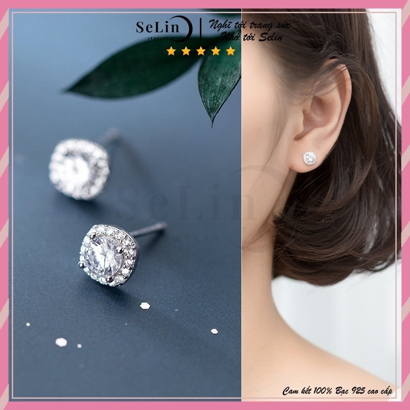 Khuyên tai nữ bạc 925 tròn đính đá cá tính cao cấp phong cách Hàn Quốc SELIN JEWELRY - 0039