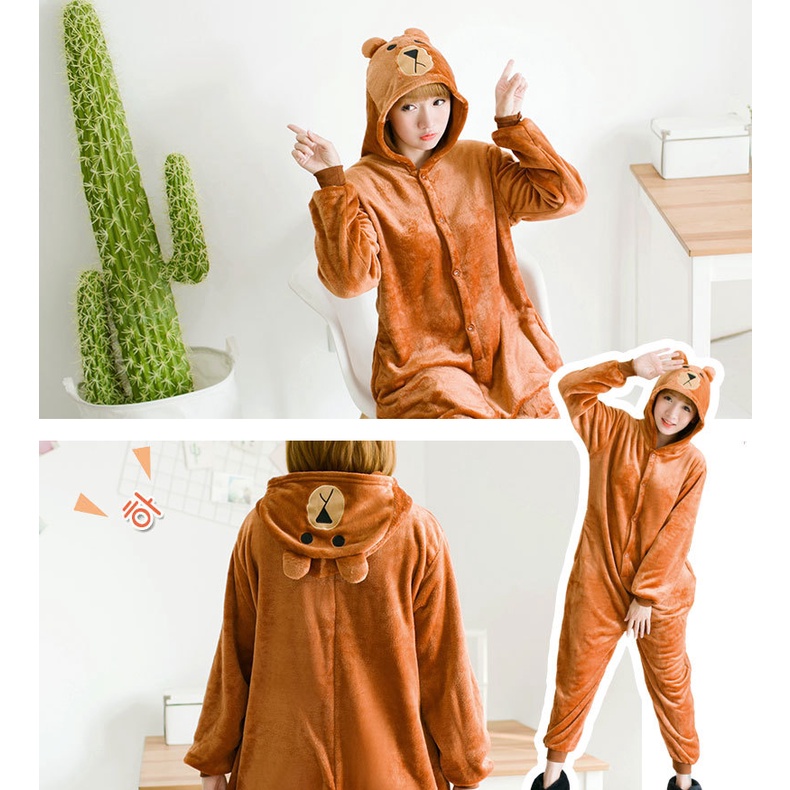 Bộ Đồ Ngủ Liền Thân Hình Gấu Nâu Dễ Thương Giữ Ấm Mùa Đông Cho Nữ