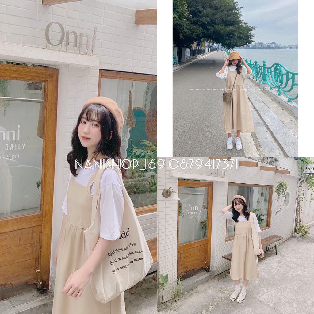 (mới) SET VÁY YẾM KAKI BE + ÁO THUN TRẮNG - BỘ ĐẦM 2 DÂY BẢN TO MÀU BE DÁNG DÀI ULZZANG