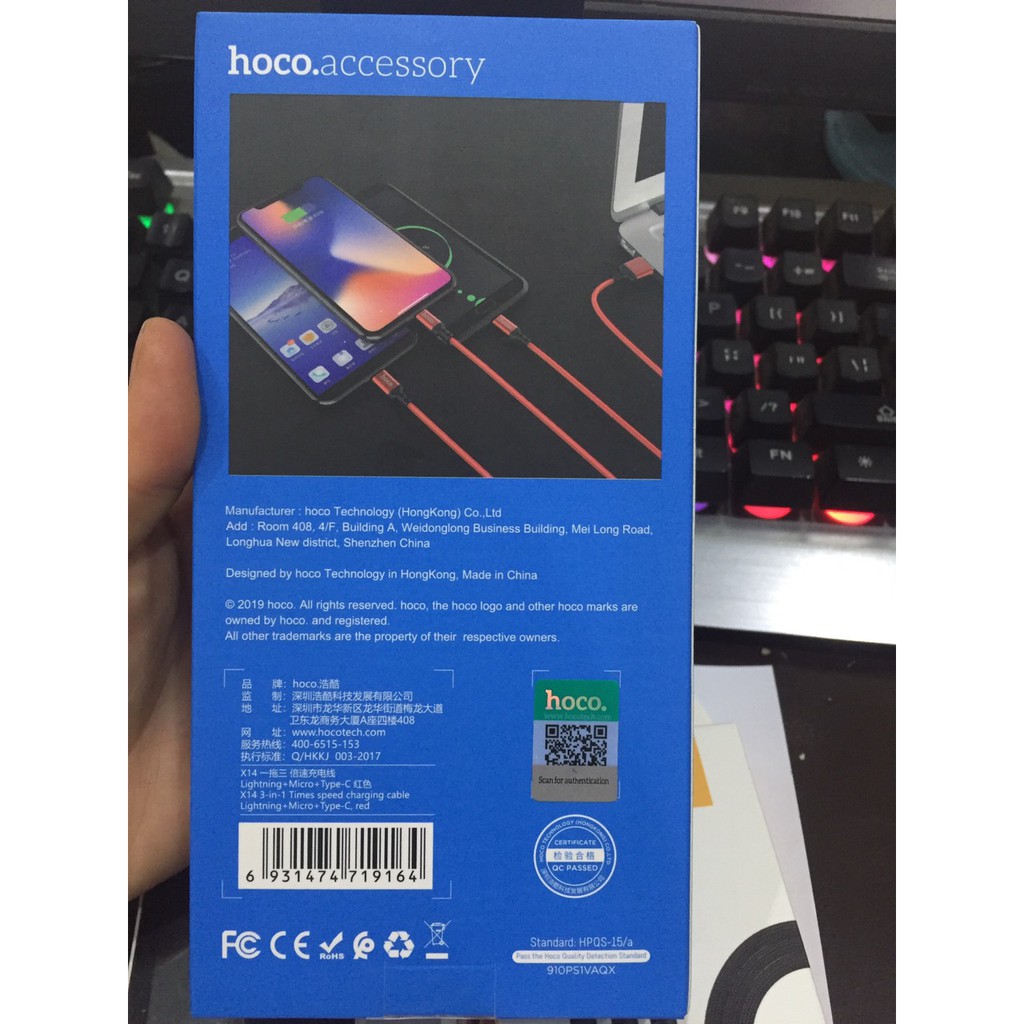CÁP SẠC 3 ĐẦU HOCO X14-DÂY SẠC BỌC DÙ CHỐNG ĐỨT ĐA NĂNG SẠC CHO IP,MICRO USB ,TYPE C