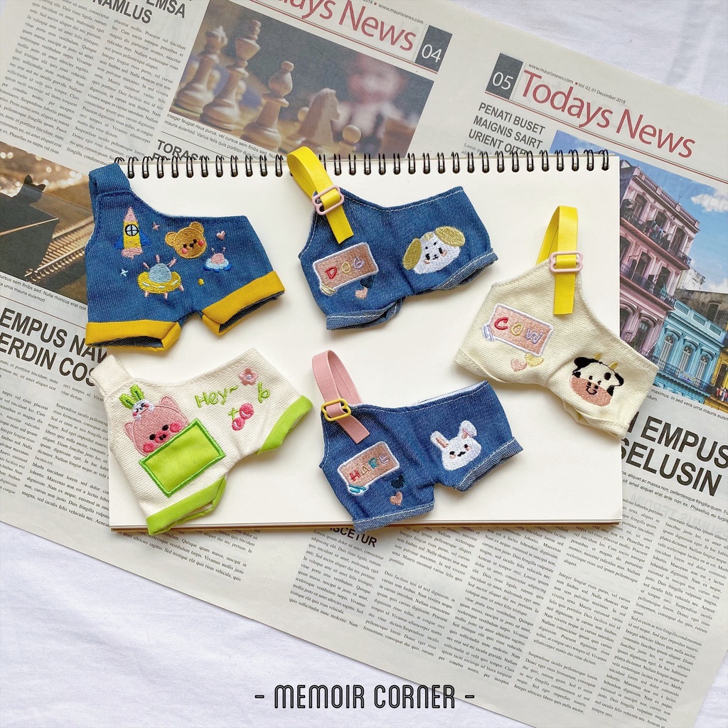 Outfit cho Doll 20cm - Quần yếm thêu / tủ đồ Taobao