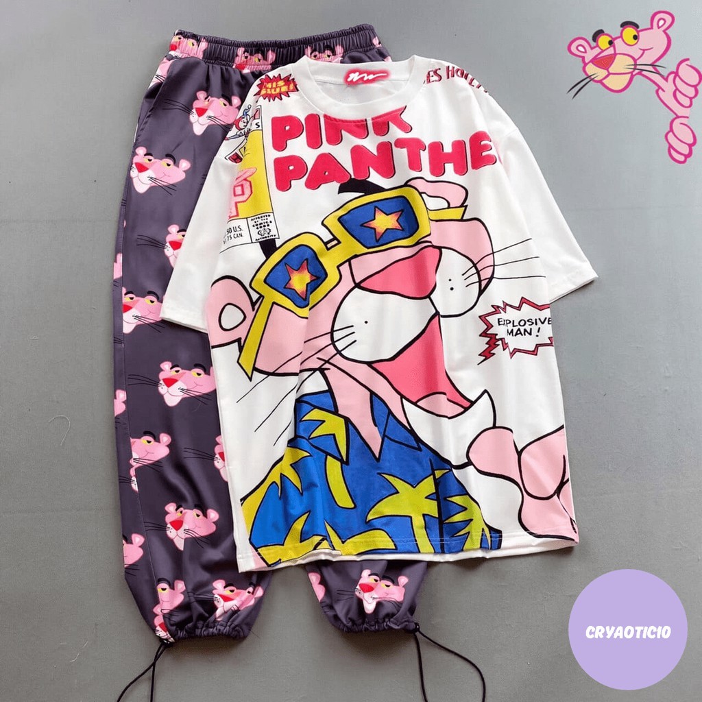 Set bộ báo hồng pink panther 3D + quần short cartoon báo hồng unisex cryaotic10