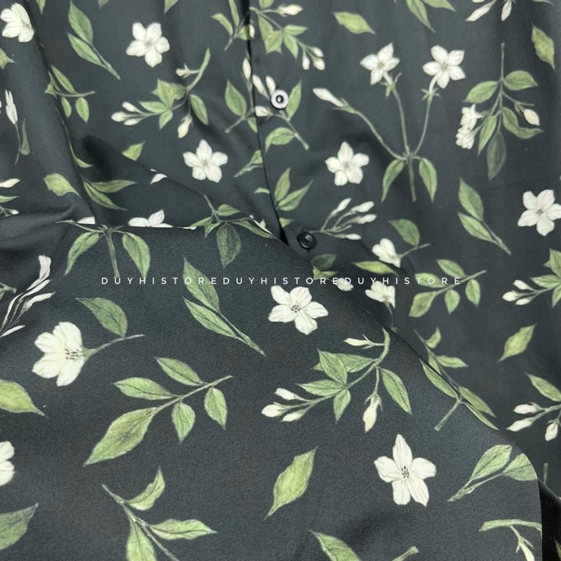Áo sơ mi lụa unisex xanh lá đậm tối hoạ tiết ĐEN LÁ XANH | DUYHI