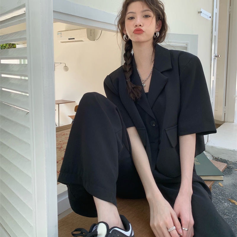 Áo Khoác Blazer Mỏng Tay Ngắn Màu Xanh Lá/Đen Phong Cách Hàn Quốc Dành Cho Nữ