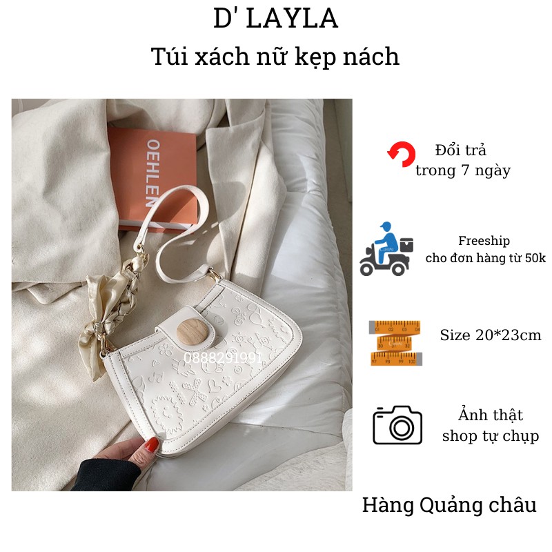 Túi xách nữ kẹp nách đeo vai khuy gỗ họa tiết in dập nổi D' Layla 2021 phiên bản Hàn Quốc size 20*23