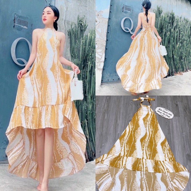 Maxi loang vàng trắng cổ yếm hở đan dây lưng, đầm váy dài đuôi tôm sang trọng quyến rũ, thời trang đi chơi/biển du lịch