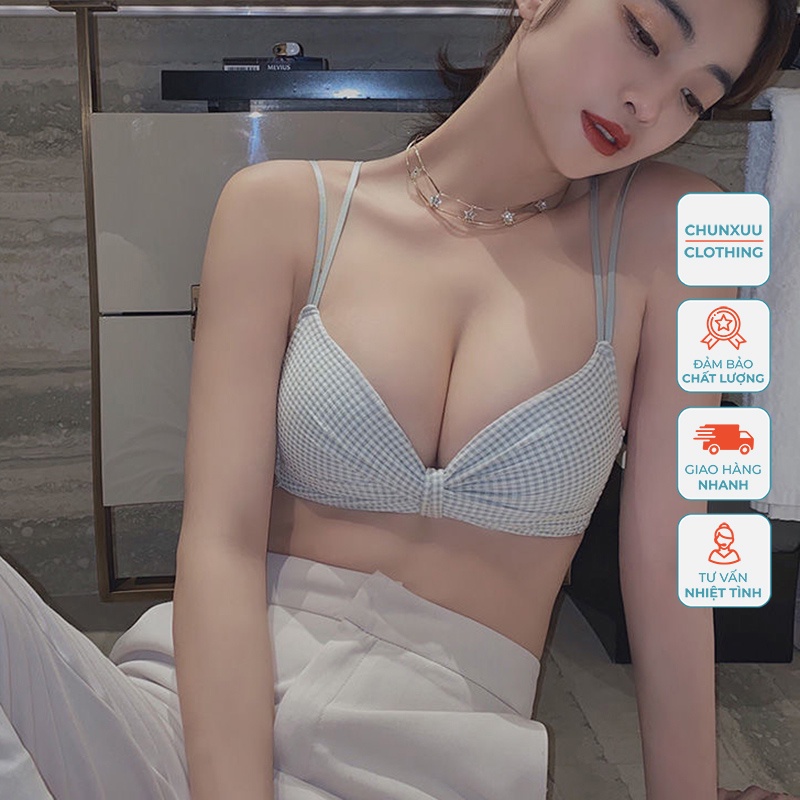 Áo ngực nữ kẻ caro đệm mút dày vừa CHUNXUU, thiết kế không gọng dây chéo nâng ngực gợi cảm - AV44
