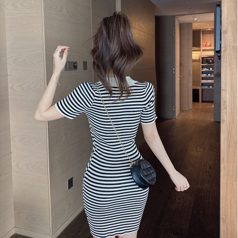 [Váy polo kẻ dệt kim] Đầm len dệt kim polo ôm body gợi cảm hàng quảng châu | BigBuy360 - bigbuy360.vn