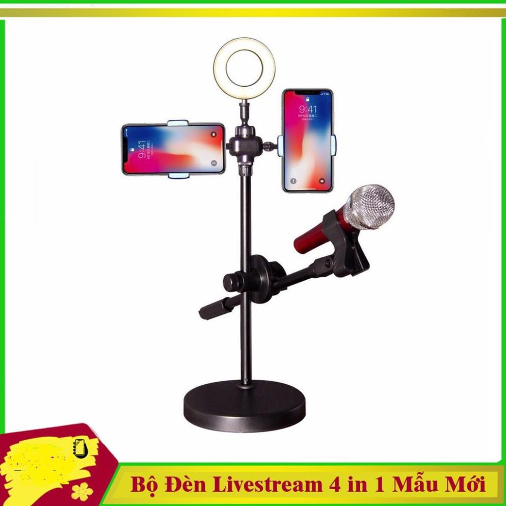 Đèn livestream 4in1 để bàn có chân đỡ micro livestream 2 kẹp điện thoại - bộ giá đỡ điện thoại livestream 4in1
