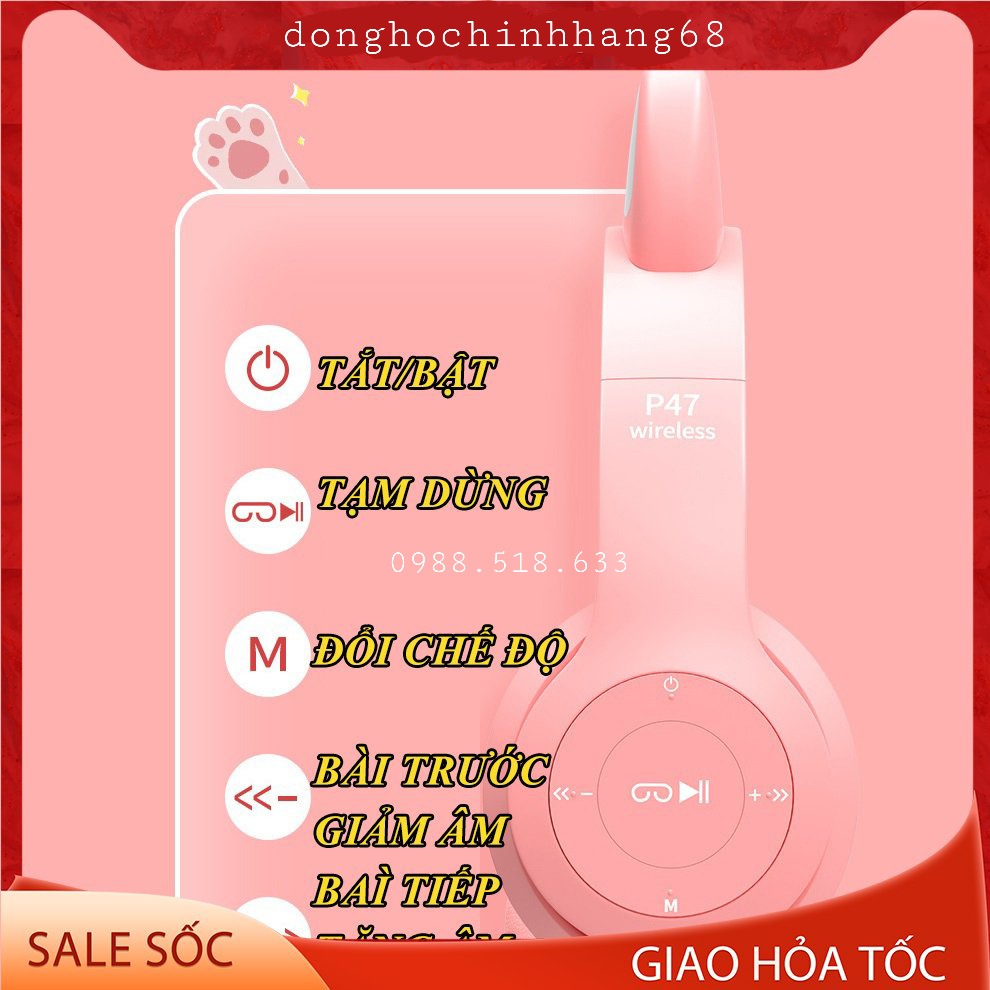 Tai Nghe Mèo Bluetooth P47M, Tai Mèo Dễ Thương Có Mic, Âm Bass Mạnh Mẽ Nghe Nhạc Cực Hay Bảo Hành 12 Tháng