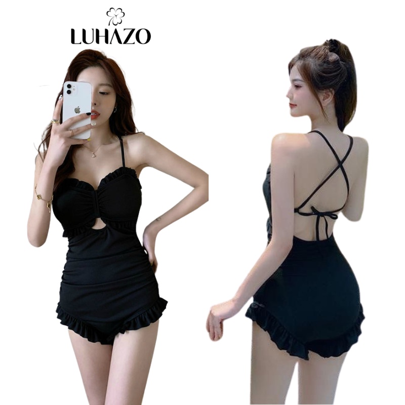 Bikini đi biển LUHAZO 1 mảnh kín đáo liền thân cạp cao sexy hở lưng tiểu thư kiểu Hàn Quốc DK5T401