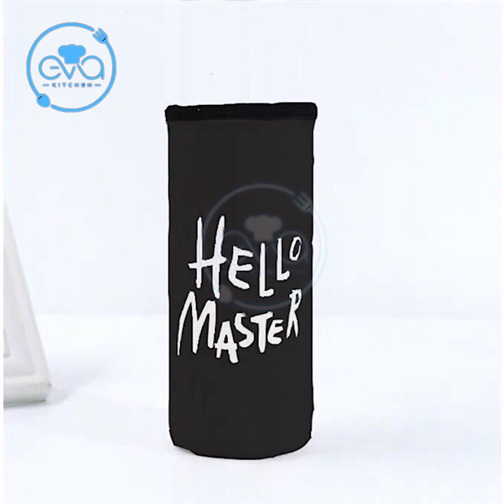 Bình Nước Thủy Tinh In Chữ  Hello Master 480ML có dây xách Kèm Võ Bọc Vải Neoprene