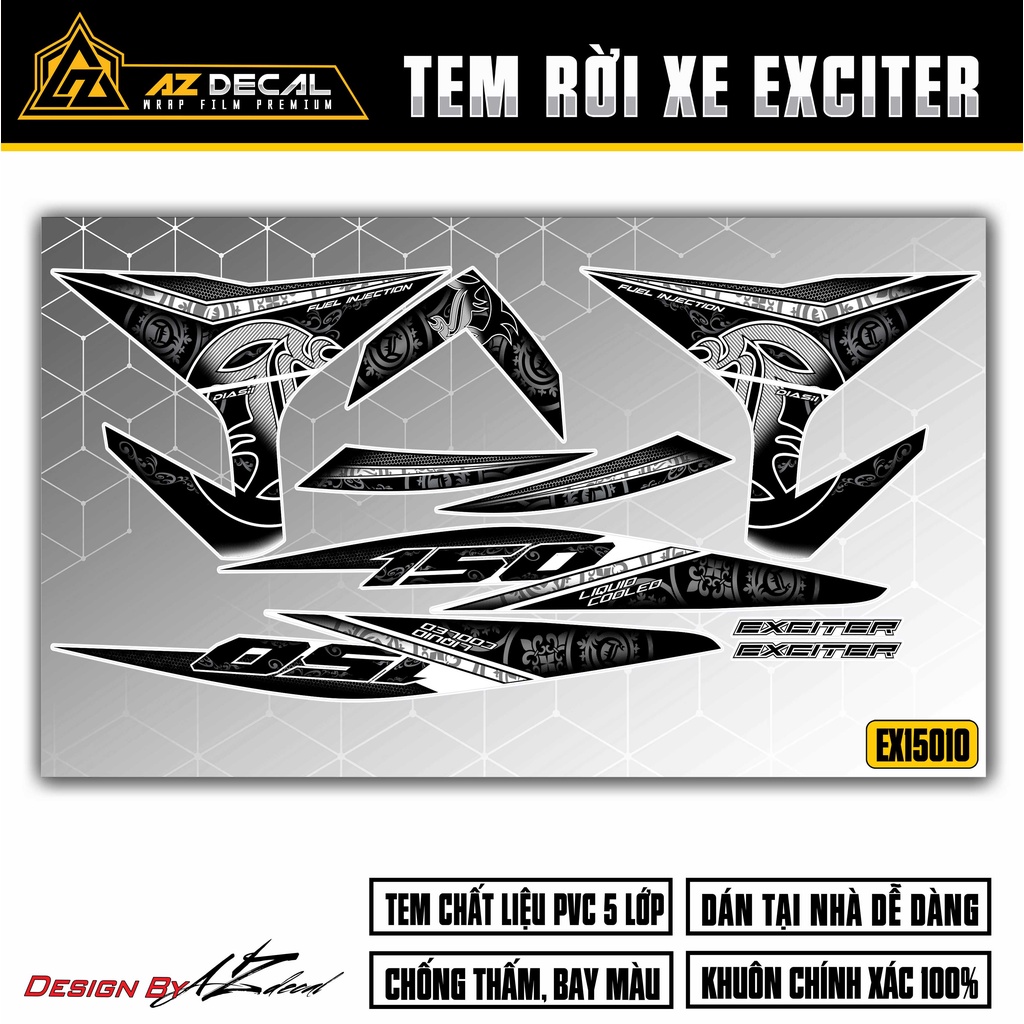 Tem Exciter 150 Thiết Kế Họa Tiết | EX15010 | Team Decal Dán Xe Máy Ex150 Cao Cấp Chống Nước, Chống Bay Màu