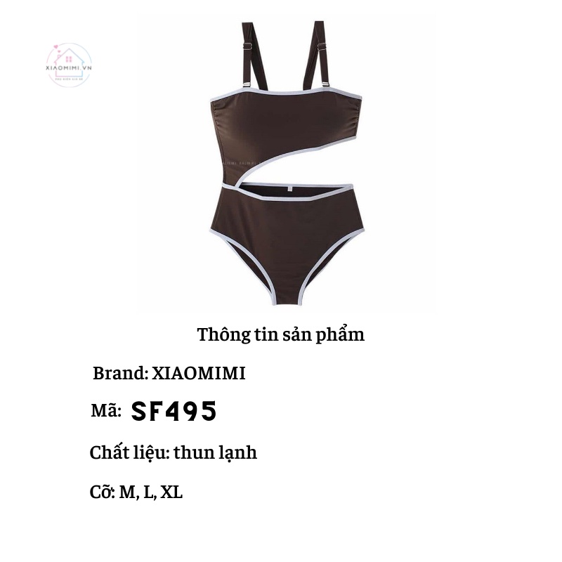 Bikini đi biển liền thân chất thun lạnh màu nâu viền trắng Hot 2022 Xiaomimi SF495
