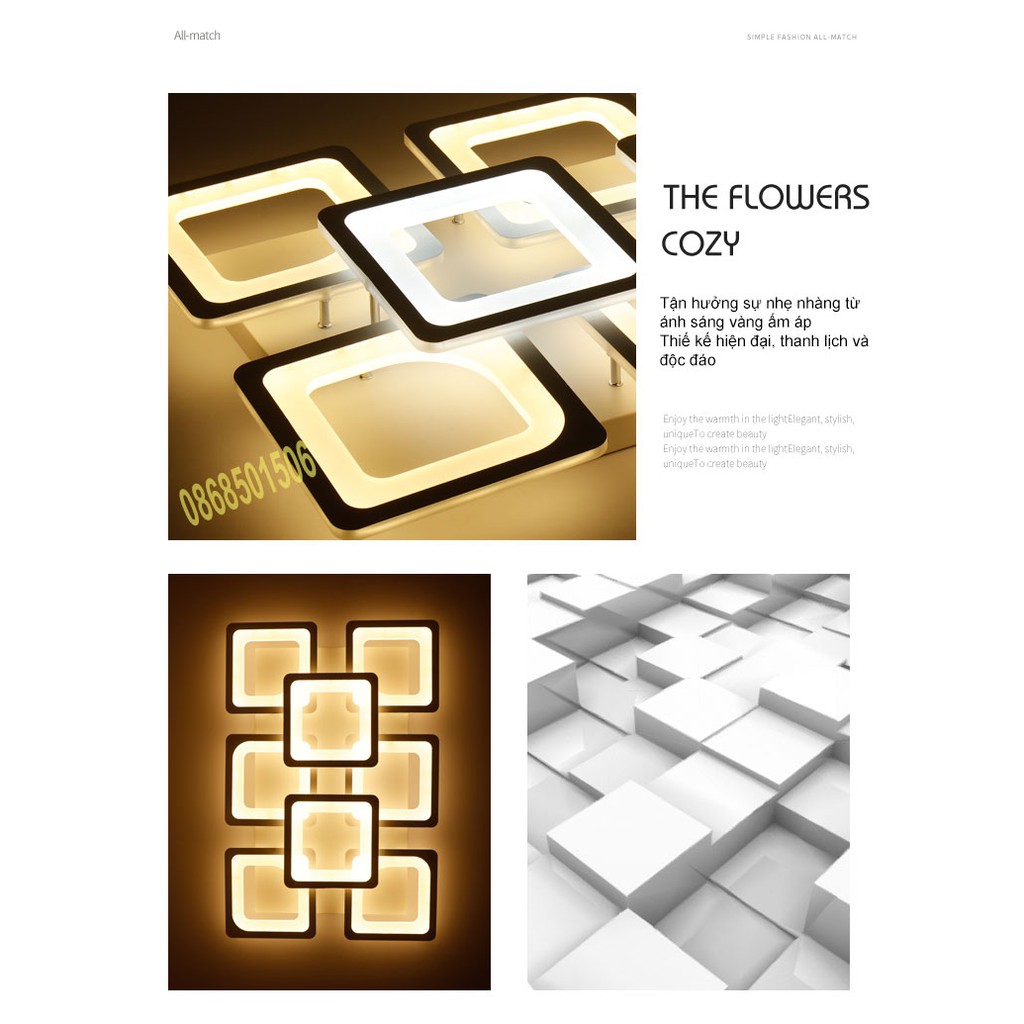 ĐÈN led ốp trần , đèn trang trí phòng khách G25 8 cánh vuông hiện đại 3 chế độ sáng kèm điều khiển  từ xa