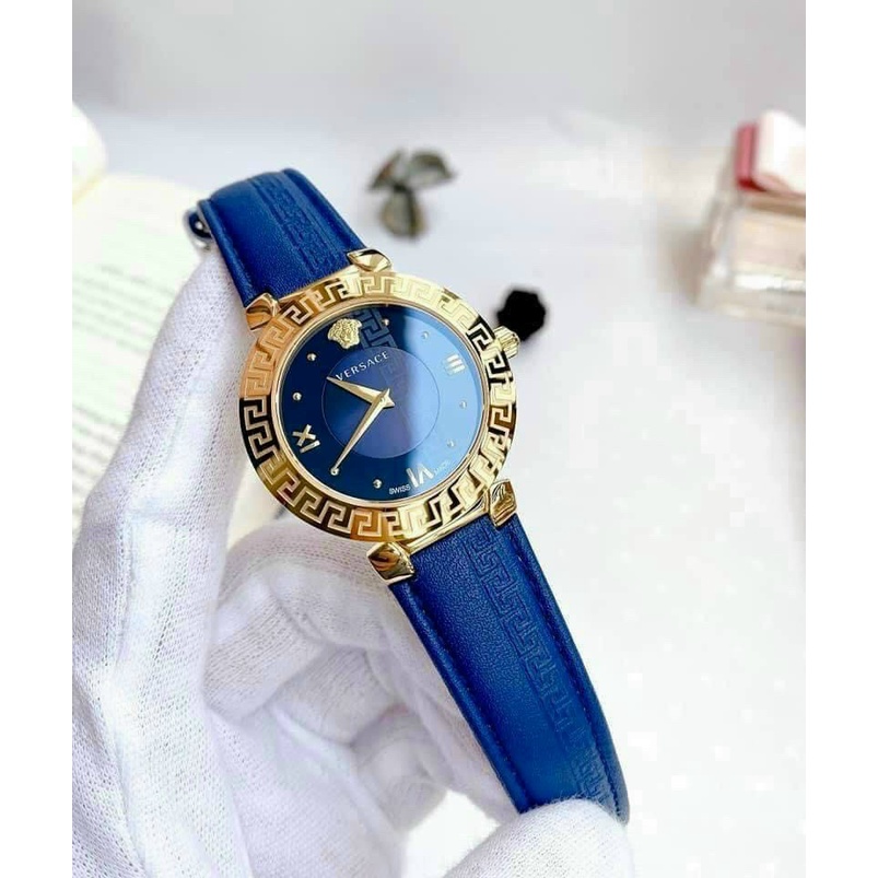 Đồng hồ đeo tay nữ, đồng hồ nữ chính hãng VERSACE full hộp cao cấp, siêu sang trọng, dây da xanh thời trang, cực đẹp