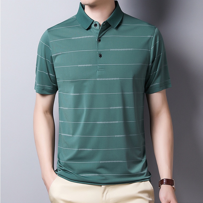 Áo Thun polo Tay Ngắn Dáng Rộng Vải Lụa Lạnh Mỏng In Kẻ Sọc Cá Tính Cho Nam