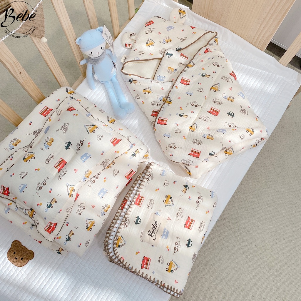 Bé Bé - Set Bộ Chăn, Gối Đầu, Chăn Ủ Họa Tiết Ô Tô Cho Bé