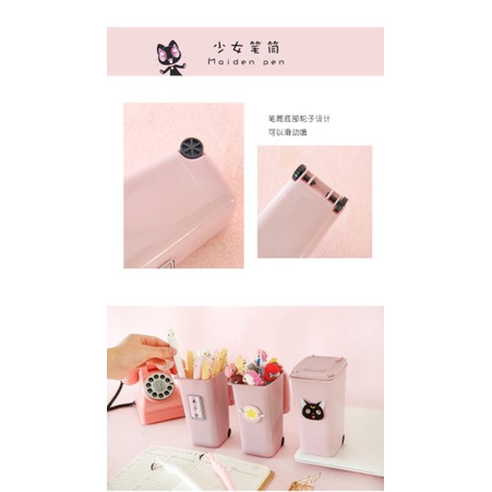 Ống cắm bút màu hồng xinh xắn, thùng rác mini để bàn học có nắp đậy