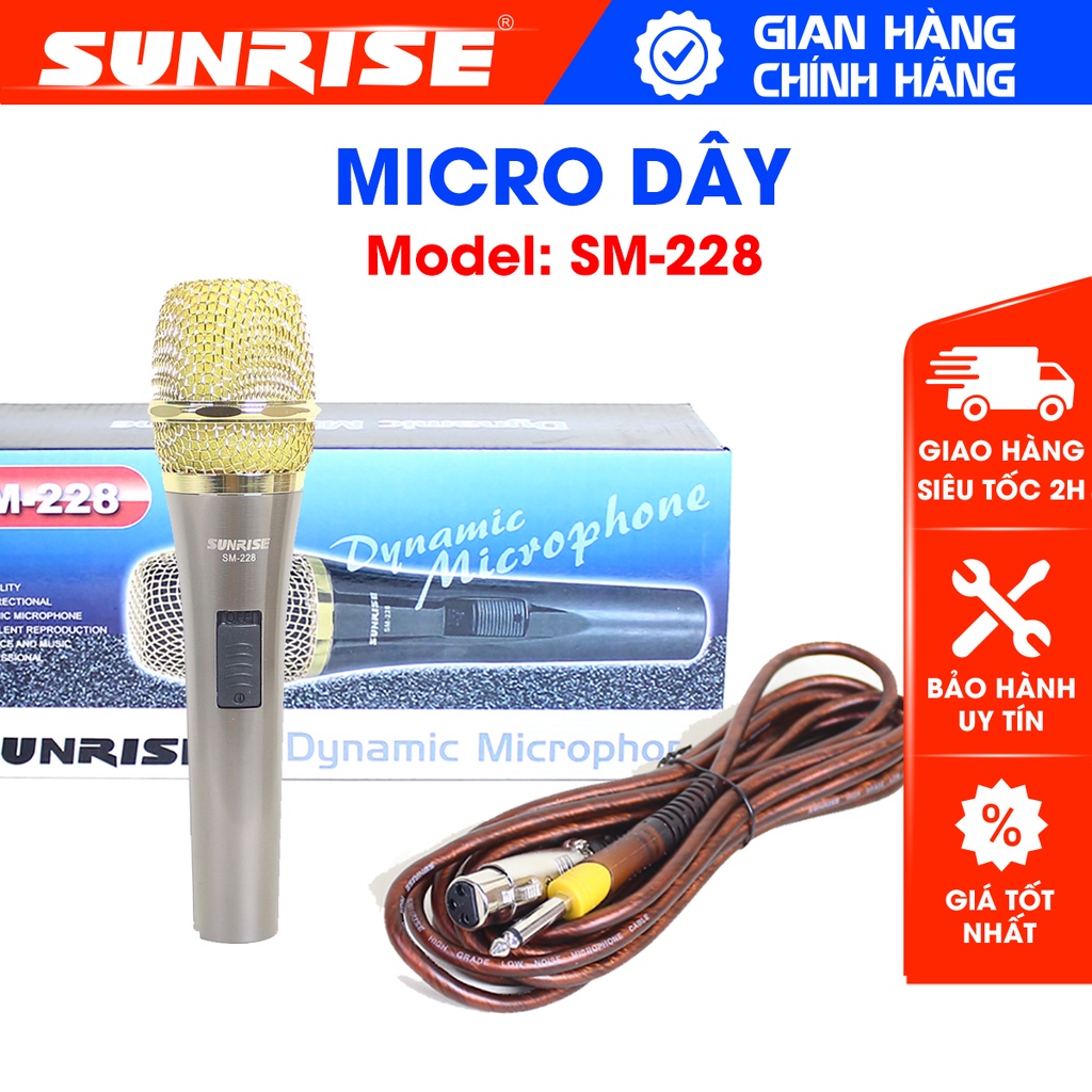 Micro karaoke có dây chính hãng Sunrise SM-228 đầu mic chất lượng cao, thân kim loại kèm dây zin dài 8m chống gãy bền bỉ