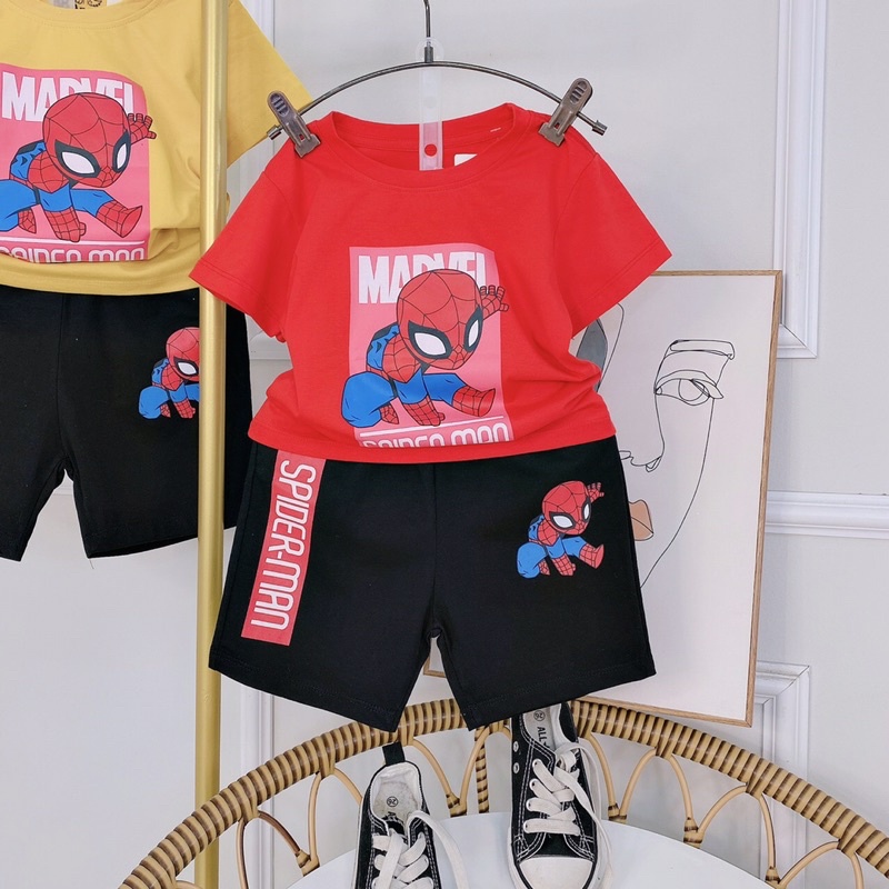 Bộ cộc tay in hình siêu nhân Spider-man cotton màu xanh. vàng . đỏ cho bé trai từ 10-23kg ( hình thật và video thật)