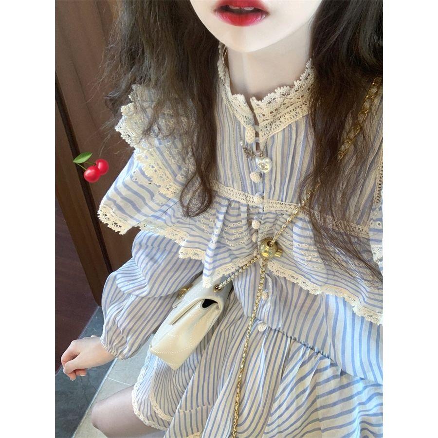 Áo Sơ Mi Tay Dài Phối Ren Bèo + Chân Váy Thời Trang Mùa Thu 2022 Cho Nữ