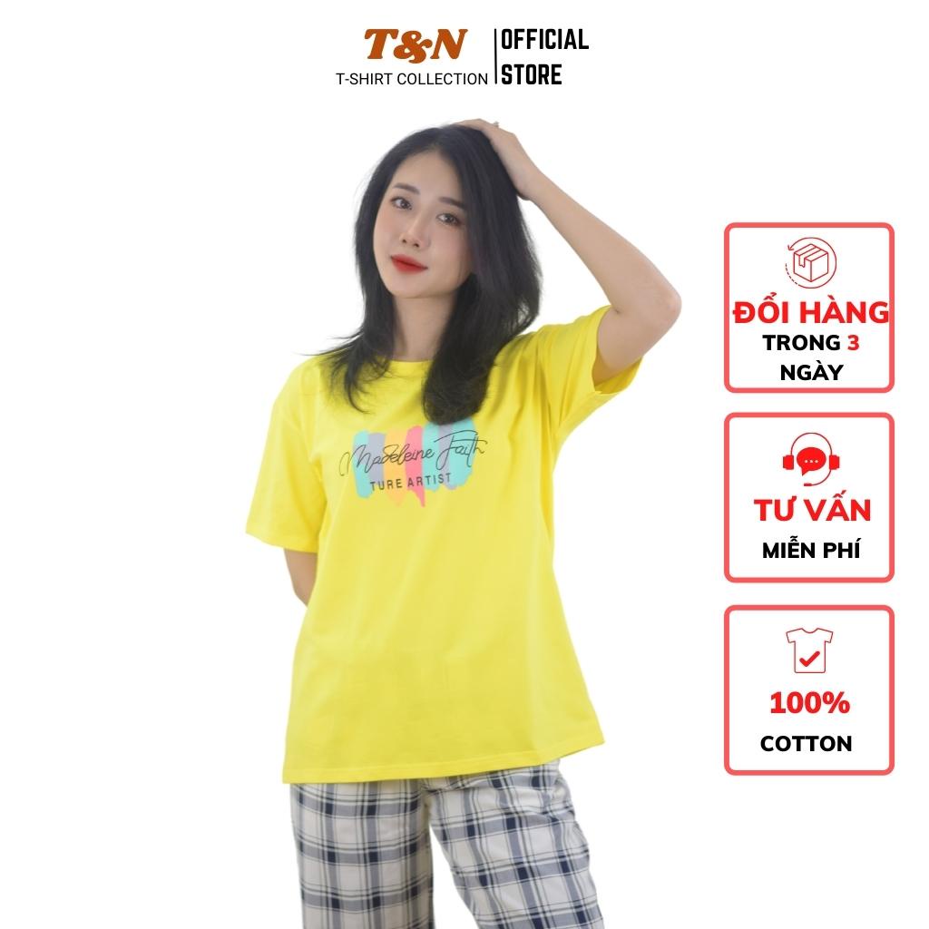 Áo Thun Nữ cổ tròn tay ngắn T&amp;N form rộng xuông in hình+ chữ, vải thun Cotton 100% mềm mại thoáng mát
