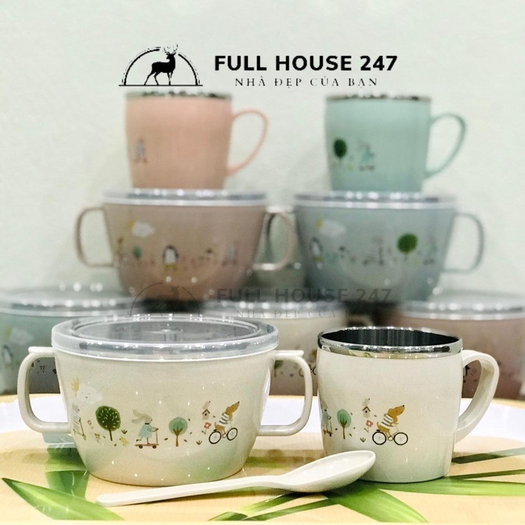 SIZE TO - Set 3 chi tiết bát thìa và cốc chống nóng cho bé hàng inox cao cấp 2 lớp -bát tô 480ml và cốc 250ml