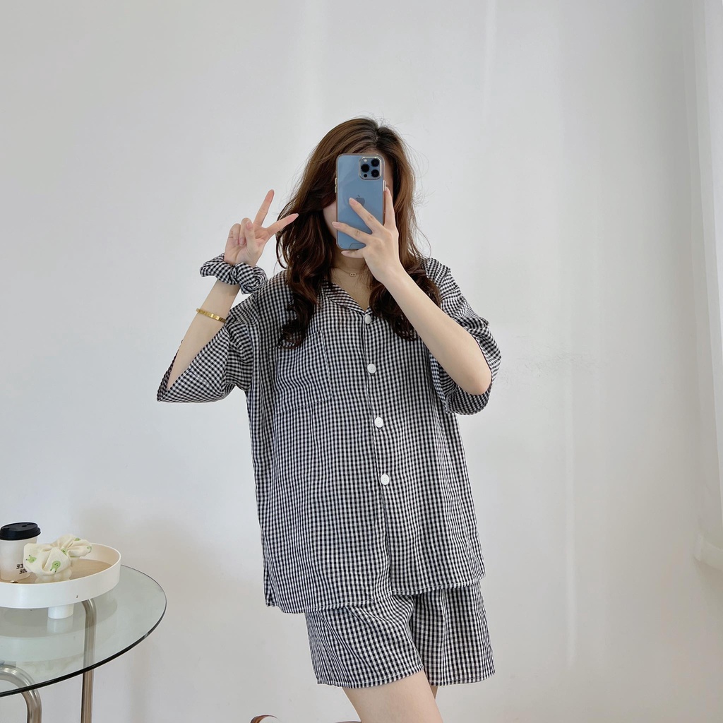 Set đồ ngủ kẻ caro, vải mềm mại, thấm hút Miho house