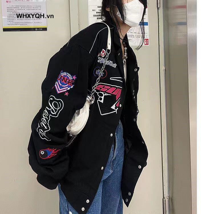 Áo Khoác Bóng Chày Dáng Rộng Cài Khuy In Họa Tiết Phong Cách Mỹ Kiểu Mới