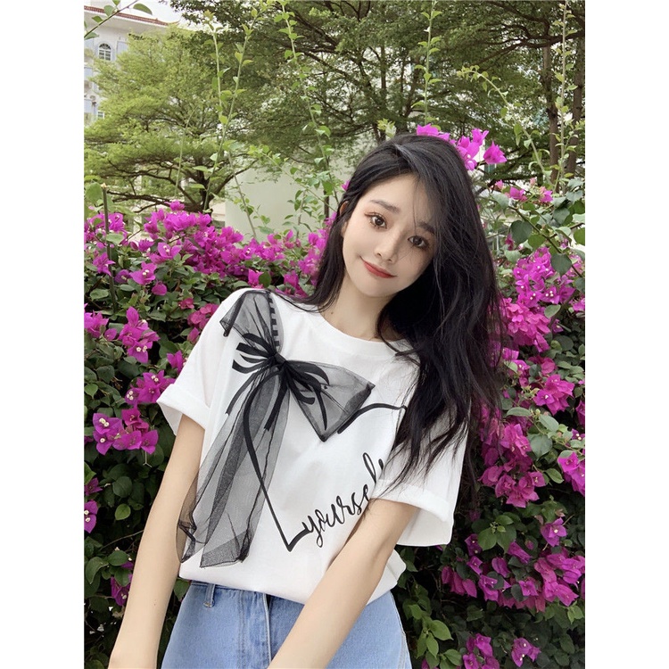 Students feel foreign style bow tie short-sleeved t-shirt girls summer wear personality care machine age-reducing half-sleeved shirt ins trend