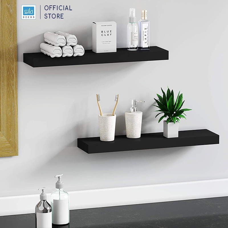 Set 2 Kệ Gỗ Treo Tường Cùng Kích Thước Màu Đen SIB Decor, Loại Kệ Gỗ Dày 25mm