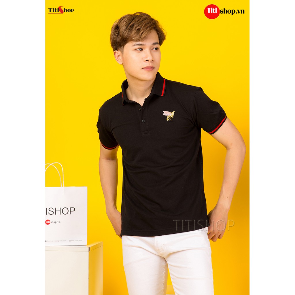 Áo Thun Cổ bẻ Titishop AT522 Đen thêu ong
