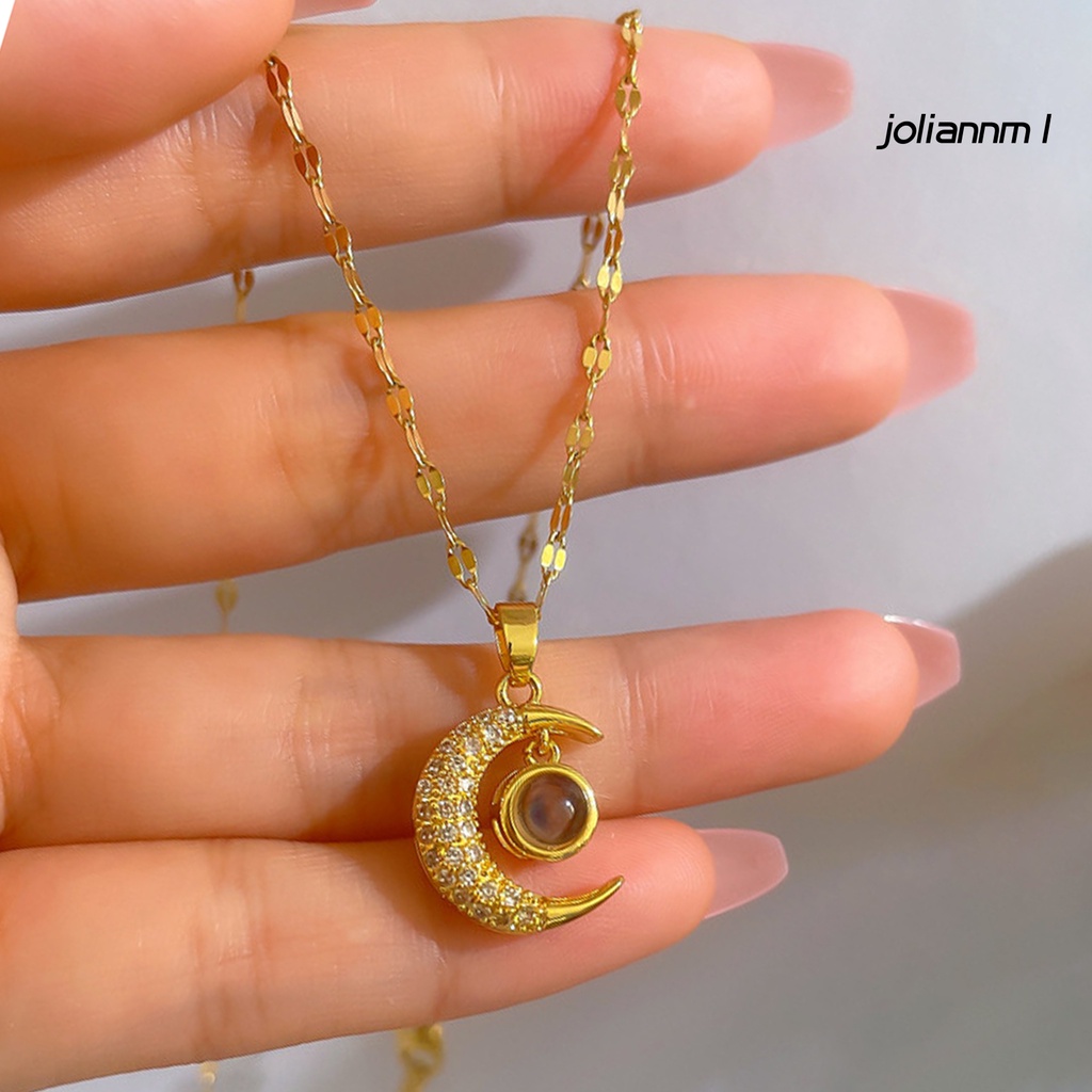 Vòng cổ Mặt Hình Mặt Trăng Bằng Thép Titan Đính Đá Tinh Tế Sáng Bóng Mặc Hàng Ngày