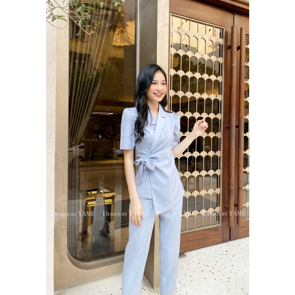 Set áo vest ngắn tay bồng vạt chéo kèm quần baggy màu xanh thanh lịch công sở YAME  - ẢNH THẬT