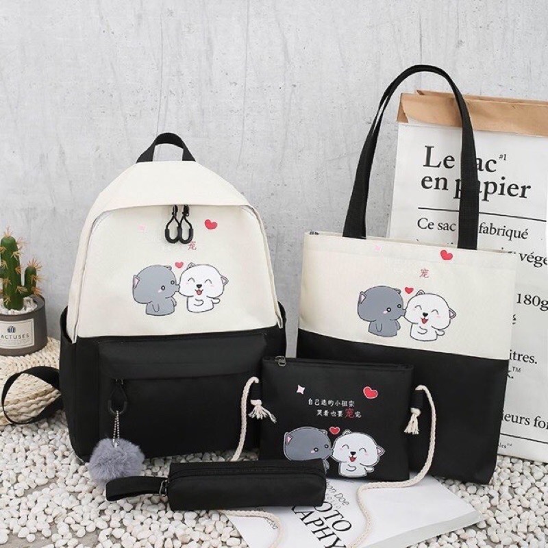 Set 4 Món Balo 2 Chú Cún - Bộ 4 túi đi học thời trang