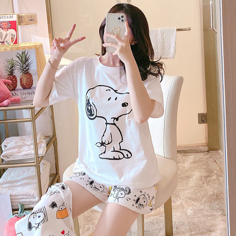 Bộ Đồ Ngủ Tay Ngắn Dáng Rộng In Họa Tiết Hoạt Hình Dễ Thương Cho Nữ