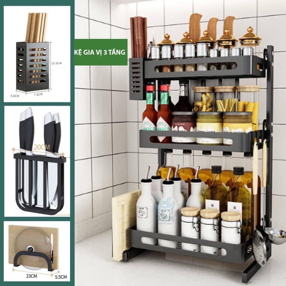 Kệ gia vị inox phủ sơn tĩnh điện màu Đen cao cấp, kệ bếp hình chữ H 2 Tầng, 3 Tầng, để bàn hoặc treo tường tiện lợi