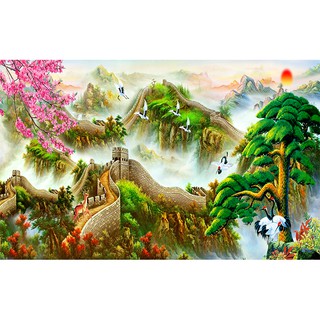 Tranh dán tường 3D vạn lý trường thành - vải lụa phủ kim sa