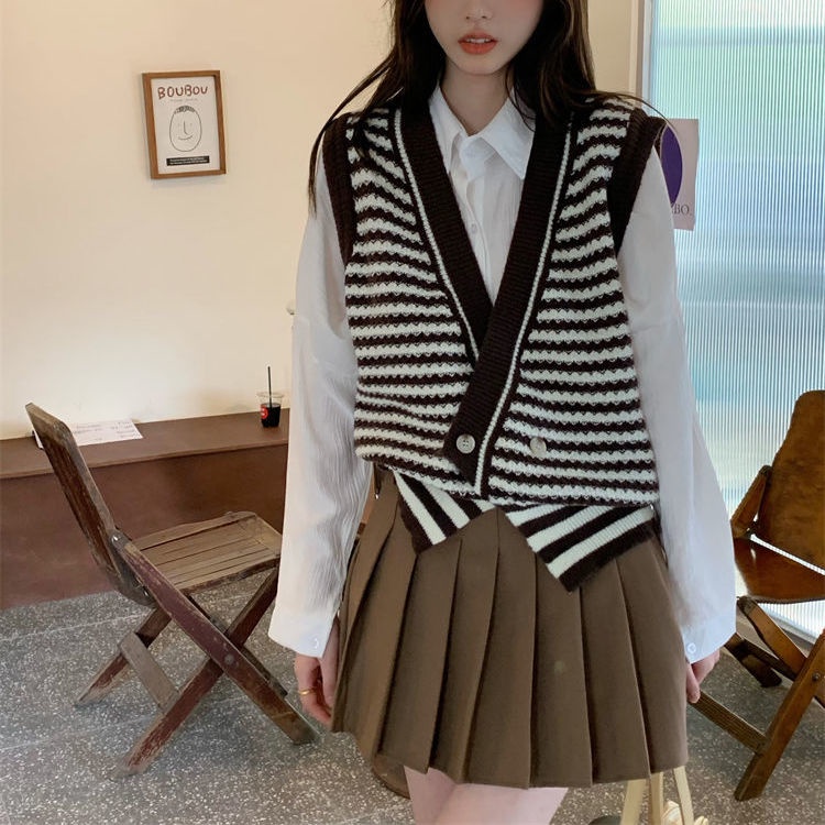 Áo Cardigan Dệt Kim Cổ Tròn Kẻ Sọc Caro Phong Cách Hàn Quốc Thời Trang Cho Nữ 3 Màu Tùy Chọn